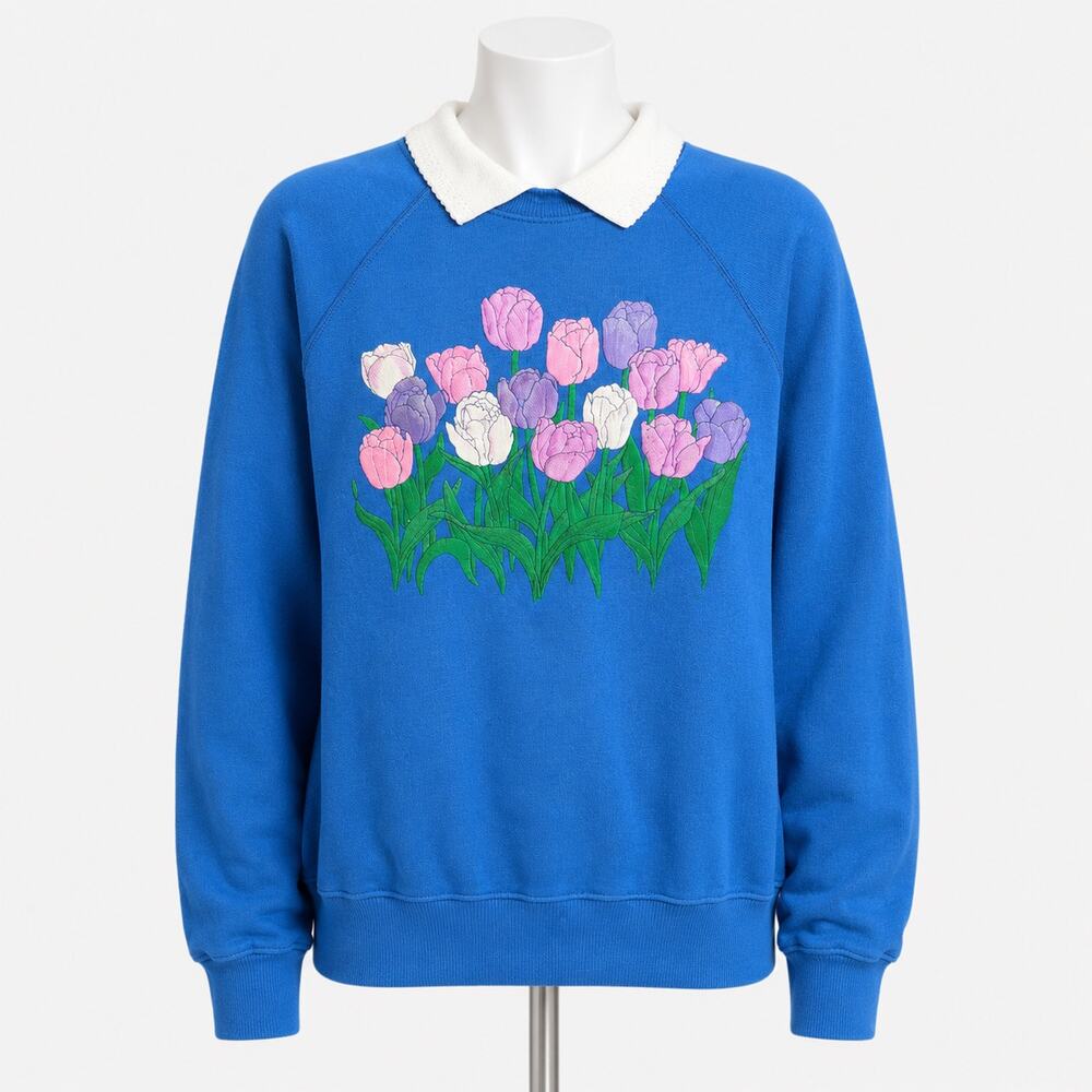 Morning Sun Vintage Tulip Graphic Sweatshirt Women's Large Blue White Collared